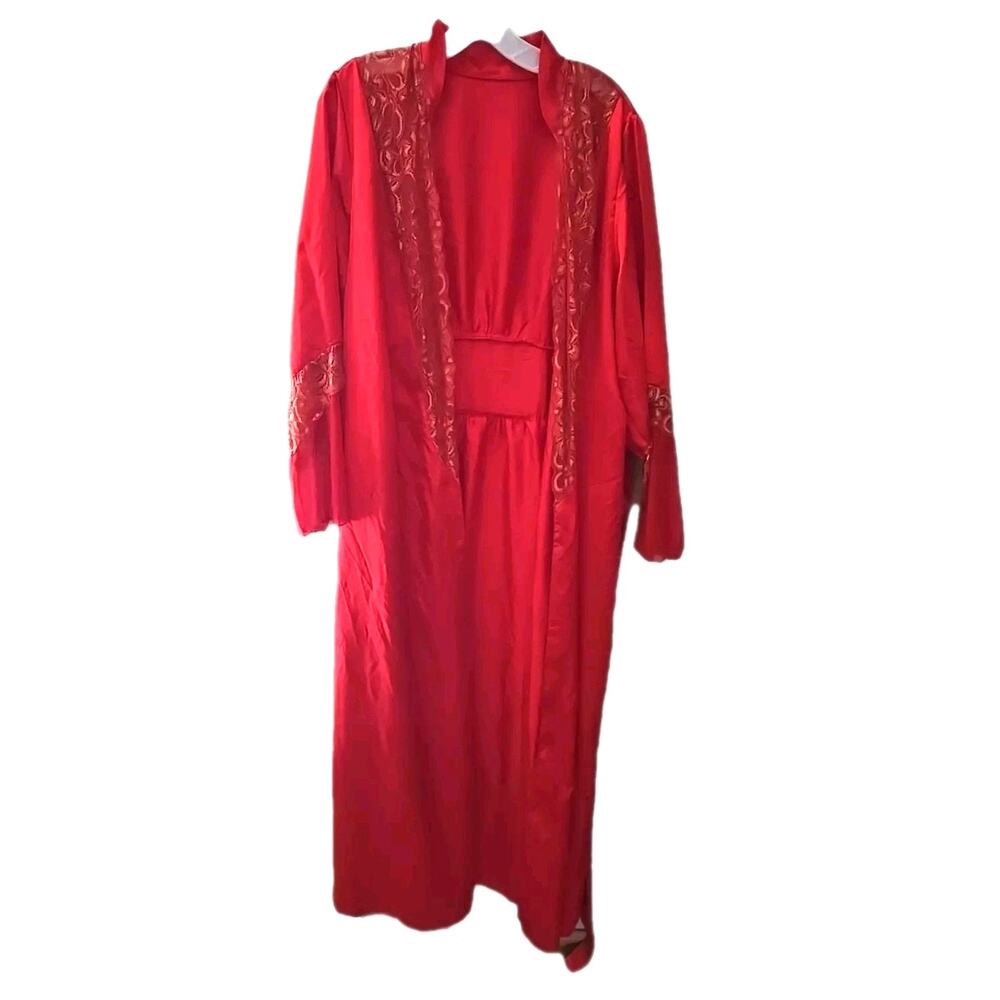 Vtg‎ Red Paisley Open Front Long Length Lace Old Money Robe Womans Size Large
